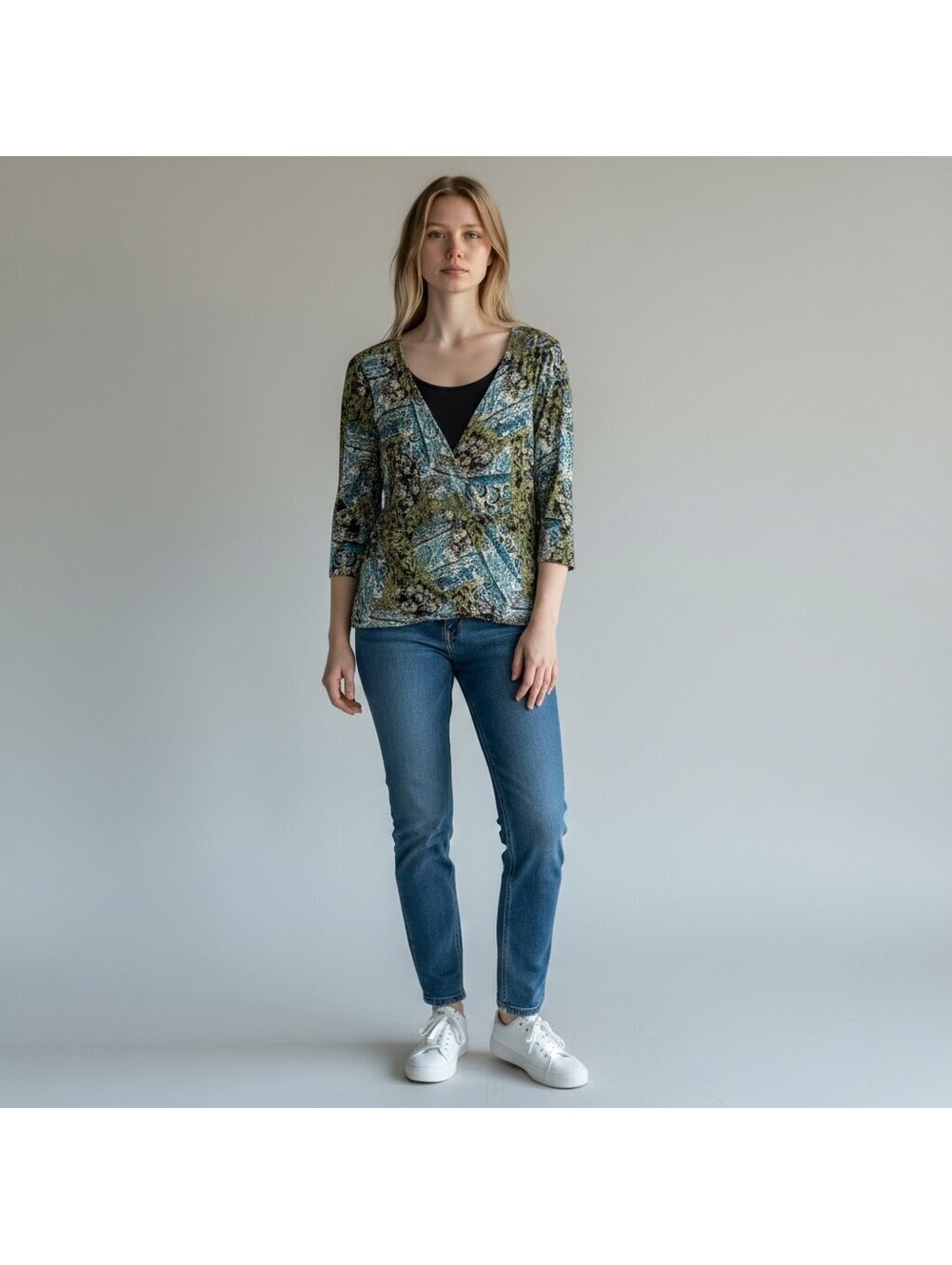 Notations Blouse Women L Large Blue Geometric 3/4 Sleeve Stretch Pullover Casual